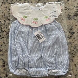Blue and White Seersucker Bubble Romper with Cherry Embroidery 🍒